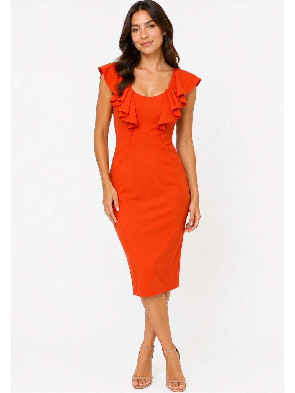 NWT ZAC ZAC POSEN‎ | Dark Orange Ruffle Shoulders Scoop Neck Midi Dress Sz. 6